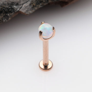 Detail View 1 of Rose Gold Fire Opal Claw Prong Set Sparkle Internally Threaded Labret-White Opal